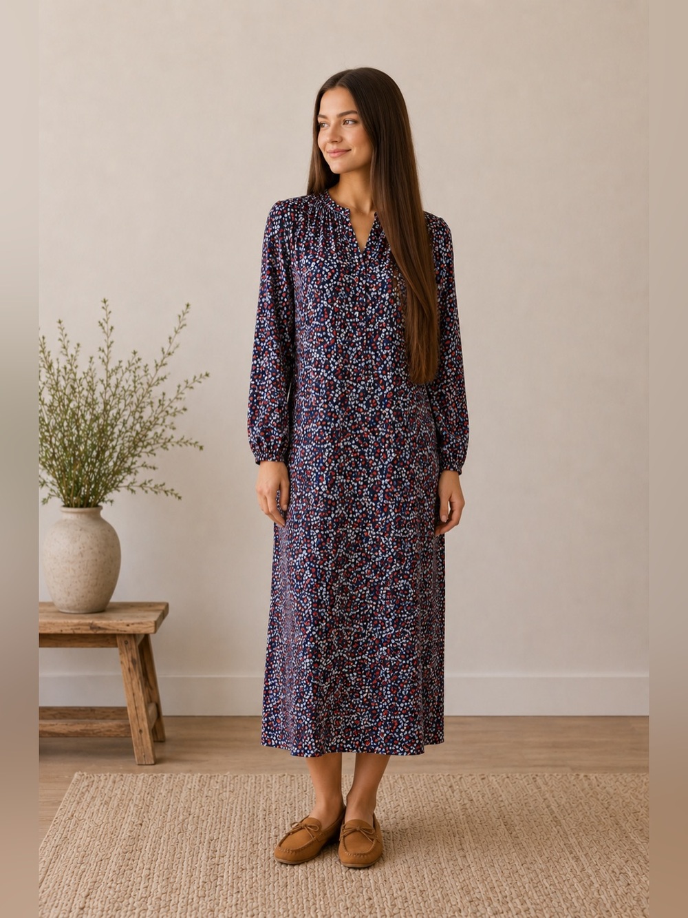 Zara Modest Floral Long Sleeve Midi Dress Cottagecore Prairie Dress Size XS